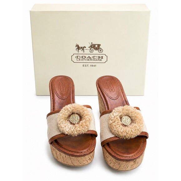 Coach Shoes - Coach Jazmin A8031 Canvas Cork Wedge Slide Sandals Natural Women’s 7.5M